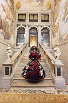 Woman in costume standing on staircase in Ca Segredo palace during Carnival, Venice Woman in costume standing on staircase in Ca Segredo palace during Carnival, Venice
