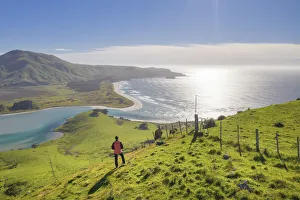 A woman enjoying the view of Hoopers inglet and the coastline near Dunedin in the Otago A woman enjoying the view of Hoopers inglet and the coastline near Dunedin in the Otago