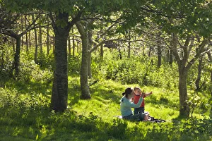 Young mother and inquisitive one year old toddler son in a woodland, Cutteridge Wood Young mother and inquisitive one year old toddler son in a woodland, Cutteridge Wood