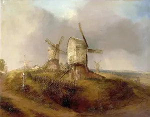 Prints of Artist: Smyth, Henry - Title: Old Windmills on Nottingham Forest - Date: c.1830 - Original Medium and Size: Oil on Board 47 x 61.6 Nottinghamshire Prints: Print of Old Windmills on Nottingham Forest Landscape