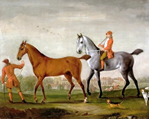 Two racehorses with grooms and hounds in the park at Newstead Abbey, by Peter Tillemans Two racehorses with grooms and hounds in the park at Newstead Abbey, by Peter Tillemans