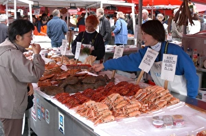 Japanese tourists tasting whale meat in fish market, Bergen, Norway (RR) Japanese tourists tasting whale meat in fish market, Bergen, Norway (RR)