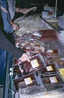 Locally caught whale meat on sale at flea market in Reykjavik, capital of Iceland Locally caught whale meat on sale at flea market in Reykjavik, capital of Iceland