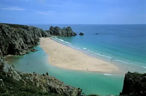 Porthcurno beach near the Minnack Theatre in West Cornwall. Lagoon at low tide