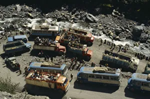 BOLIVIA, Yungas Road block on road to La Paz with view over buses BOLIVIA, Yungas Road block on road to La Paz with view over buses