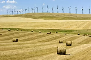 Images Dated 3rd November 2009: Canada, Alberta, Cowley Wind turbines and hay bales just after the harvest near Cowley