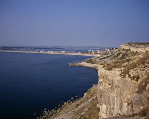 ENGLAND, Dorset, Portland Chesil Beach viewed from quarried cliffs on north west of ENGLAND, Dorset, Portland Chesil Beach viewed from quarried cliffs on north west of
