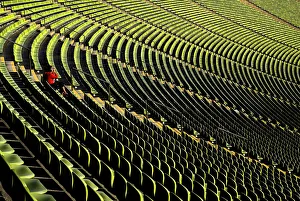 Germany, Bavaria, Munich, Olympic Stadium, Olympiastadion, Built as the main venue for the 1972 Summer Olympics, Green seat pattern EyeUbiquitous_20098304