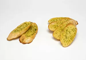 Food, Cooked, Bread, Slices of garlic bread with parsley on a white background