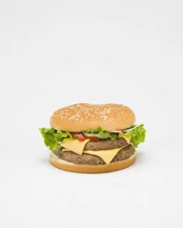 Food, Cooked, Meat, Double cheesburger with salad in a bun on a white background