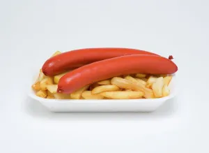 Polystyrene Foam Tray Print of Two Saveloys with Chips