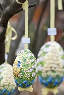 Hand-painted egg shells hanging from a branch to celebrate Easter at the Old Vienna