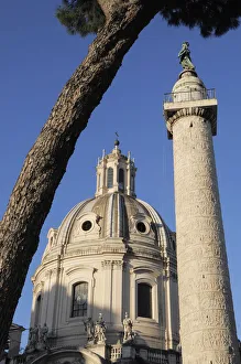 Italy, Lazio, Rome, Fori Imperiali, Trajan's Column with church dome & umbrella pine Italy, Lazio, Rome, Fori Imperiali, Trajan's Column with church dome & umbrella pine