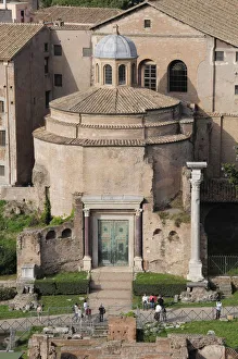 Italy, Lazio, Rome, The Palatine, Farnese Gardens, views from the gardens onto the Forum with the Temple of Romulus Italy, Lazio, Rome, The Palatine, Farnese Gardens, views from the gardens onto the Forum with the Temple of Romulus