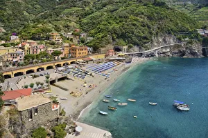 Italy, Liguria, Cinque Terre, Monterosso al Mare, Vista of the Old Town with sandy beach Italy, Liguria, Cinque Terre, Monterosso al Mare, Vista of the Old Town with sandy beach
