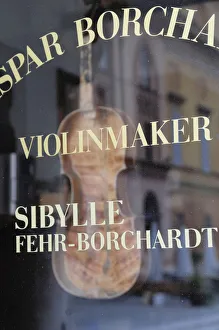 Italy, Lombardy, Cremona, Violin maker's window Italy, Lombardy, Cremona, Violin maker's window