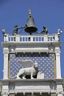 Italy, Veneto, Venice, St Mark's lion statue, Torre dell Orologio, Piazza San Marco