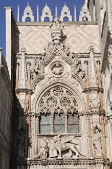 Italy, Veneto, Venice, window detail with Doge & Lion, Palazzo Ducale Italy, Veneto, Venice, window detail with Doge & Lion, Palazzo Ducale