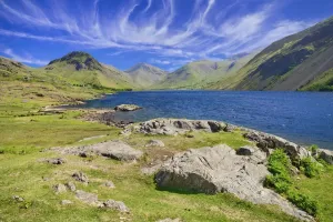 Prints of England, Cumbria, English Lake District, Wastwater with Great Gable and Scafell Pike mountains in the background Lake Prints: Wastwater Lake Print with Great Gable and Scafell Pike Mountains