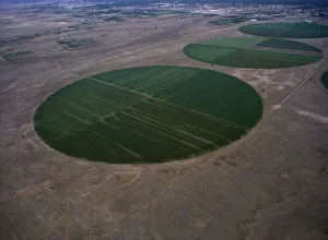 OMAN, Sohar Aerial view over circular desert agriculture OMAN, Sohar Aerial view over circular desert agriculture