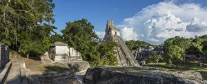 Panorama of the Great Plaza in the ruins of the Mayan civilization in Tikal National Park