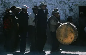 PERU Puno Pizacoma Musicians at village fiesta. The second band member plays traditional PERU Puno Pizacoma Musicians at village fiesta. The second band member plays traditional