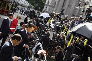 Politics, Media, Communications, Press hoards on gantry in Downing Street during 2017 General Election