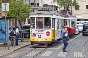 Estremadura Gallery: Portugal, Estredmadura, Lisbon, Alfama district, Tram approaching stop at Miradouro das Portas do Sol