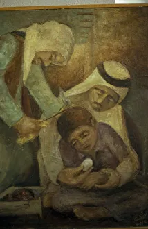 QATAR, Doha Painting of traditional medicine, a man treating a childis head with a hot p QATAR, Doha Painting of traditional medicine, a man treating a childis head with a hot p
