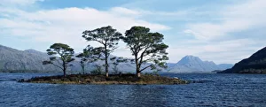 Scotland, Highlands, Loch Maree, View across Loch Maree towards a small island with trees growing on it Scotland, Highlands, Loch Maree, View across Loch Maree towards a small island with trees growing on it