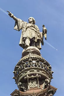 Spain, Barcelona, Christopher Columbus Monument, Christopher Columbus statue detail, La Rambla