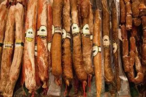 Images Dated 15th August 2014: Spain, Madrid, Display of chorizo