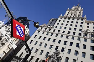 Spain, Madrid, Metro Sign outside Edificio Telefonica on Gran Via Spain, Madrid, Metro Sign outside Edificio Telefonica on Gran Via