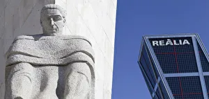 Spain, Madrid, Puerta de Europa with the monument to Calvo Sotelo in the foreground at Spain, Madrid, Puerta de Europa with the monument to Calvo Sotelo in the foreground at