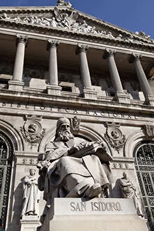 Spain, Madrid, Statue of San Isidoro on the steps of the National Library