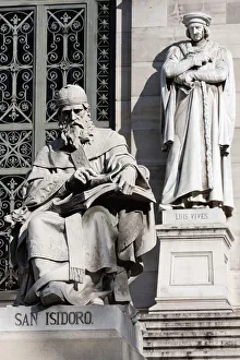 Spain, Madrid, Statues of San Isidoro & Luis Vives on the steps outside the National Spain, Madrid, Statues of San Isidoro & Luis Vives on the steps outside the National