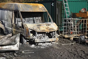 Images Dated 8th April 2014: Transport, Road, Cars, Burnt out Ford Transit van in farmyard