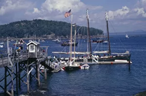 Images Dated 6th July 2009: USA, Maine, Bar Harbour Wooden jetty with yacht moored at side