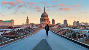 Photo Collection: UK, England, London, St. Pauls Cathedral and Millennium Bridge over River Thames