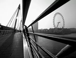 Black White Collection: UK, London, Hungerford Bridge over River Thames and London Eye