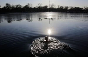Images Dated 14th December 2016: An 89-year-old resident swims in Houhai lake in central Beijing