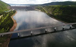 An aerial view shows a bridge across the Yenisei River near the Krasnoyarsk hydro An aerial view shows a bridge across the Yenisei River near the Krasnoyarsk hydro