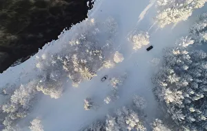 Russia Gallery: An aerial view shows cars driving along a bank of the Yenisei River outside Krasnoyarsk