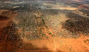 An aerial view shows makeshift shelters at the Dagahaley camp in Dadaab