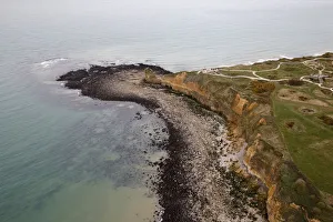 An aerial view shows the Pointe du Hoc cliffs and memorial in the Normandy region An aerial view shows the Pointe du Hoc cliffs and memorial in the Normandy region