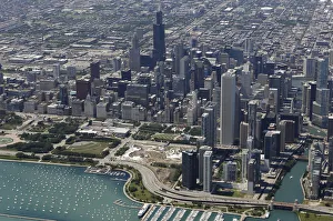 An aerial view shows the skyline and lakefront of Chicago An aerial view shows the skyline and lakefront of Chicago