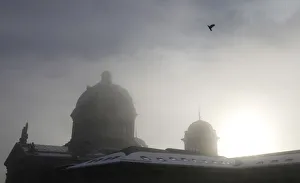 A bird fliesin the fog past the Swiss Parliament building in Bern A bird fliesin the fog past the Swiss Parliament building in Bern