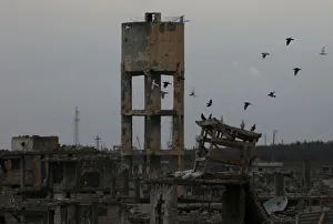Birds fly above damaged buildings in a rebel-held area in the city of Deraa Birds fly above damaged buildings in a rebel-held area in the city of Deraa