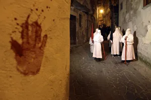 Bloody handprints of penitents called battenti, or beaters Bloody handprints of penitents called battenti, or beaters