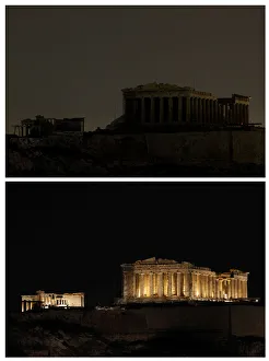 A combination photo shows the hill of the Acropolis before A combination photo shows the hill of the Acropolis before